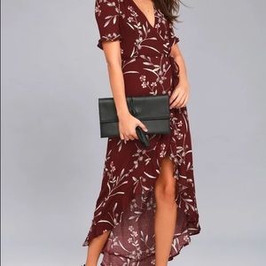 Burgundy Floral Print High Low Wrap Dress